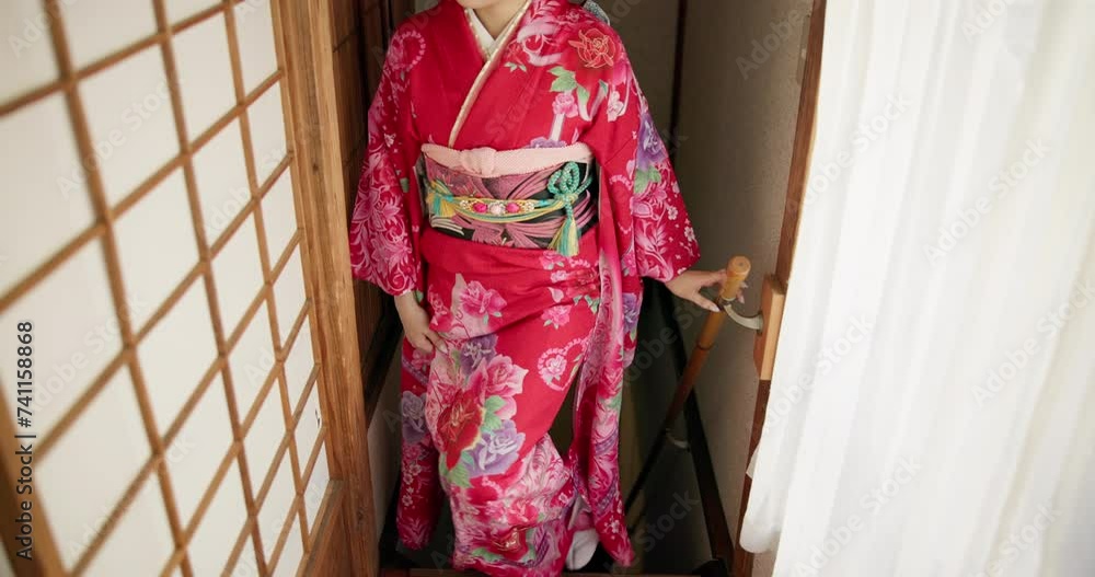Japanese woman, stairs and house in traditional clothes in hall, kimono and wellness in religion. Young person, positive and walking up home staircase in peace, culture and spiritual development Japanese woman, stairs and house in traditional clothes in hall, kimono and wellness in religion. Young person, positive and walking up home staircase in peace, culture and spiritual development