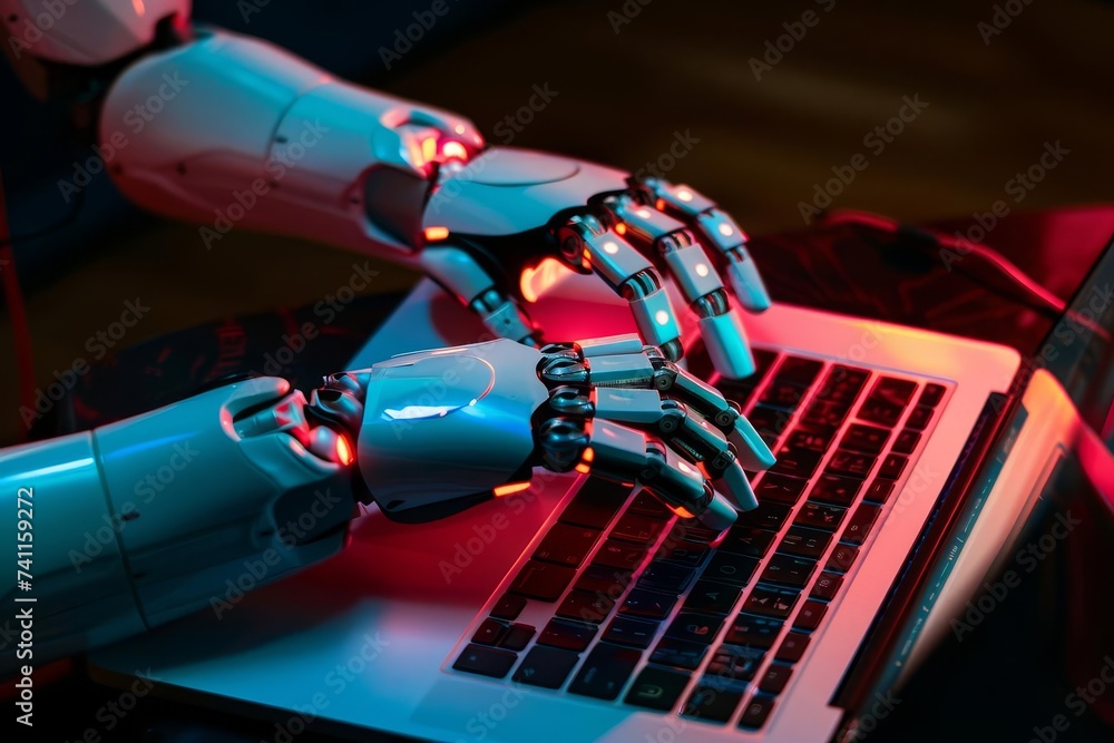 Futuristic concept with robot hands gesturing towards a laptop screen Symbolizing the intersection of artificial intelligence and daily technology use. Futuristic concept with robot hands gesturing towards a laptop screen Symbolizing the intersection of artificial intelligence and daily technology use.