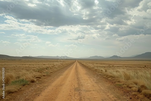 Dramatic landscape of a desert road extending towards the horizon Symbolizing adventure and exploration in a vast Empty terrain.