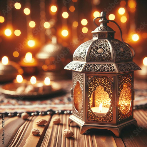 Decorative Arabic lanterns with burning candles Ramadan kareem ornament celebration background Ai generative.