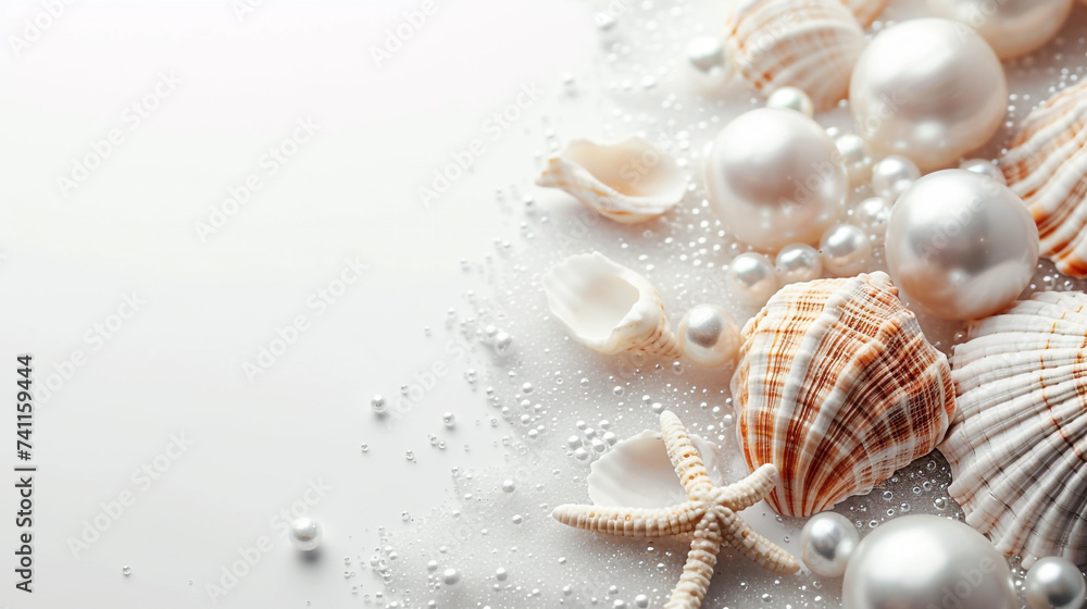 Minimalistic pearls and sea shell background concept with empty space. Minimalistic pearls and sea shell background concept with empty space.