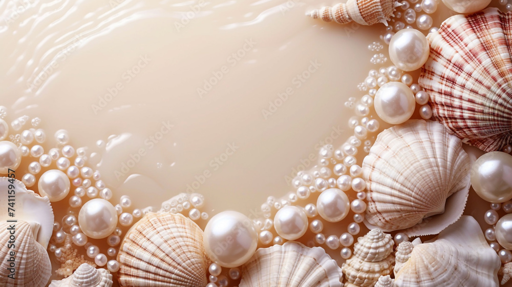 Minimalistic pearls and sea shell background concept with empty space. Minimalistic pearls and sea shell background concept with empty space.