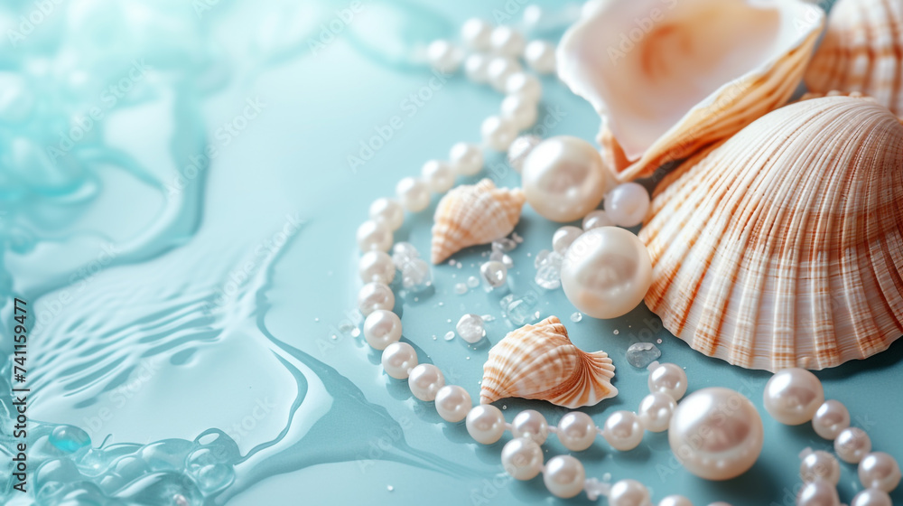 Minimalistic pearls and sea shell background concept with empty space. Minimalistic pearls and sea shell background concept with empty space.
