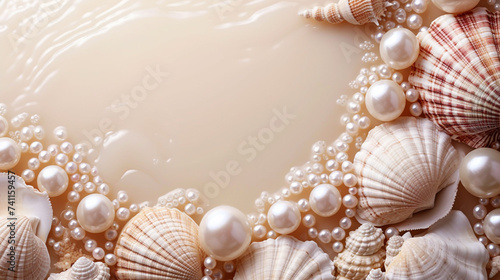 Minimalistic pearls and sea shell background concept with empty space. 