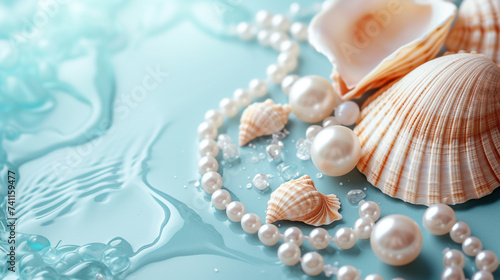 Minimalistic pearls and sea shell background concept with empty space. 