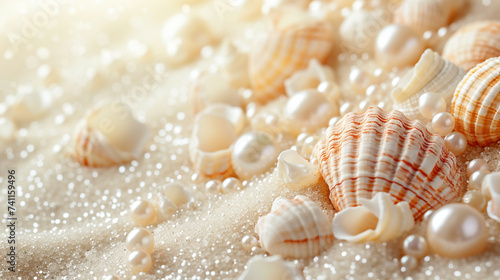 Minimalistic pearls and sea shell background concept with empty space.  © Aisyaqilumar