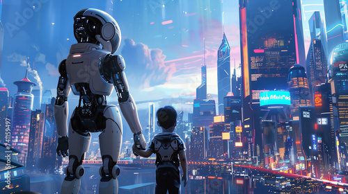 A humanoid robot and child touch the hand together with futuristic city background wallpaper.  photo
