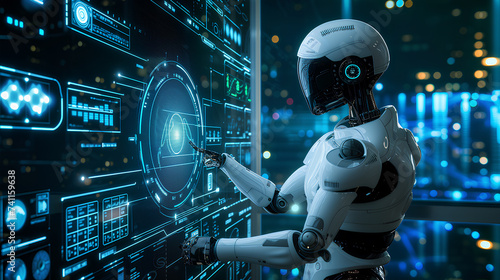 Humanoid Robot Interacting with Digital Data Interface. A humanoid robot with intricate wiring touches a digital interface, symbolizing advanced AI and machine learning technology in a futuristic sett © Daw