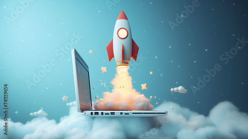 Rocket Launching From Laptop Concept Illustration. A creative concept illustration showing a rocket blasting off from a laptop, symbolizing startup growth, speed, and innovation in technology. 