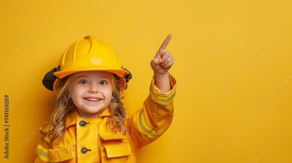 5 year old girl in a neat, fresh, new firefighting uniform. Smiling brightly as he pointed up and to the right. With a bright yellow backdrop. It adds a delightful touch. 5 year old girl in a neat, fresh, new firefighting uniform. Smiling brightly as he pointed up and to the right. With a bright yellow backdrop. It adds a delightful touch.