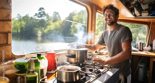 Hombre cocinando en su bote © Pablo