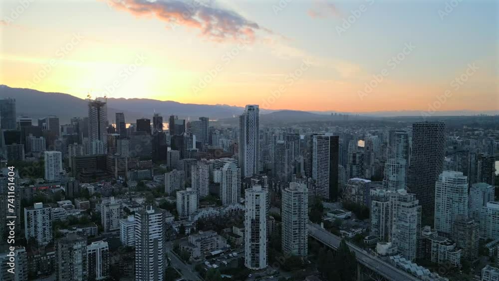 Aerial view of the skyscrapers in Downtown of Vancouver at dawn, Canada Aerial view of the skyscrapers in Downtown of Vancouver at dawn, Canada