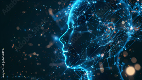 Digital Human Face Representation in Network Particles. A digital mesh forms a human face profile  showcasing a complex network of interconnected points and lines  evoking concepts of artificial intel