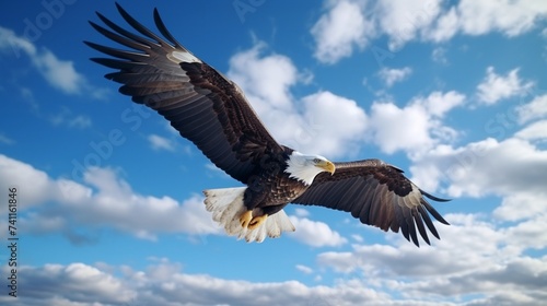 Slow motion of a bald eagle flying through a cloudy and blue sky. Close-up. © Azli art