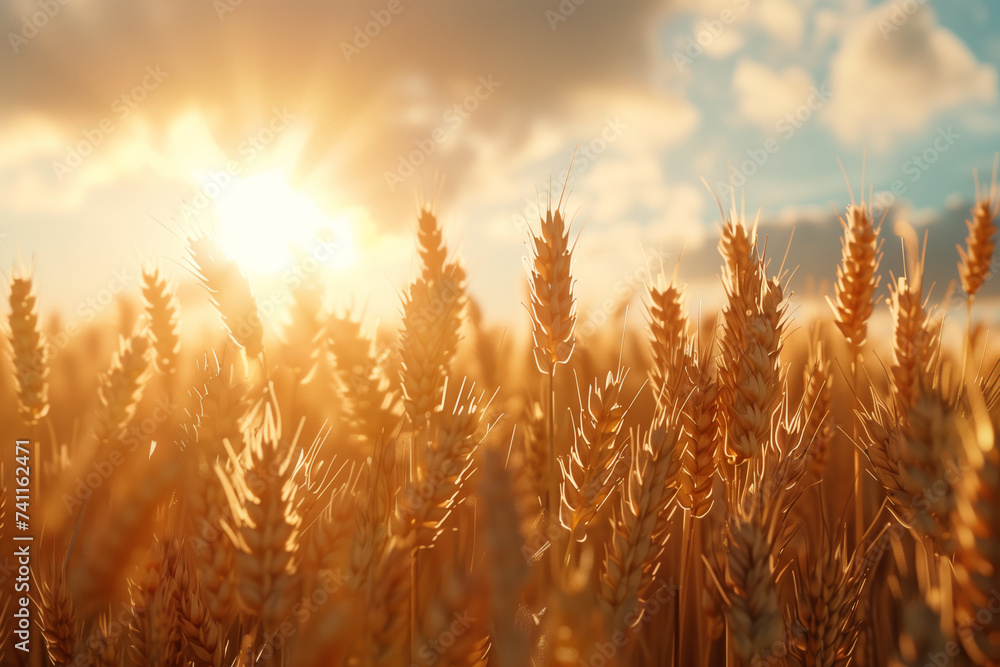 Wheat crops at harvest season on a farm field - obrazy, fototapety, plakaty 
