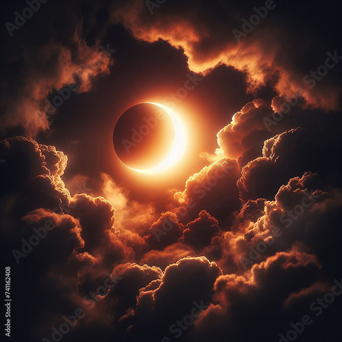un eclipse solar, con un creciente luminoso formado por el sol parcialmente oculto por la luna. El sol emite un intenso resplandor dorado que ilumina los bordes de la luna y crea un fuerte contraste 