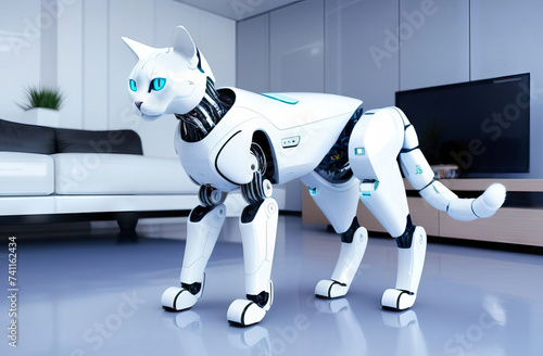 Portrait of a robot cat in a modern living room, ideally combining comfort and style of high-tech living