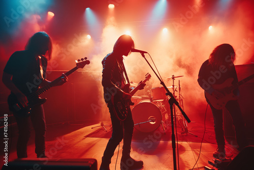 Rock and roll music band singing on stage during a concert