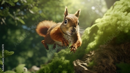 Squirell performing a quick super leap in a summer woodland, in © Azli art