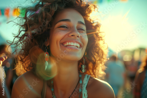 Pretty woman at an outdoor music concert festival in summer