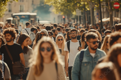 Large crowd of people walk along the city sidewalk in the summertime photo