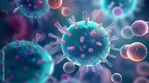 Image of flying viruses on a blue background closeup Coronavirus 2019nCov novel coronavirus concept 