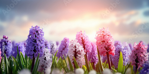 Colorful hyacinth flowers blooming in spring garden with blue sky background. Beautiful hyacinths. Beautiful Floral background for Easter holiday  Women s day  8 march  Birthday  Mother s day
