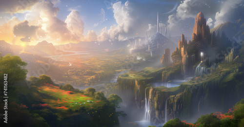 Mystical Fantasy Landscape with Waterfalls and City. Sunset casts a golden glow over a mystical landscape with cascading waterfalls and an ethereal city in the distance, blending nature with fantasy a