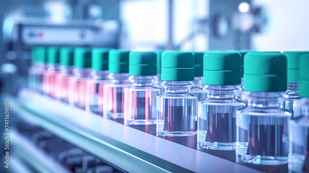 Medical vials on production line at pharmaceutical factory Medical vials on production line at pharmaceutical factory