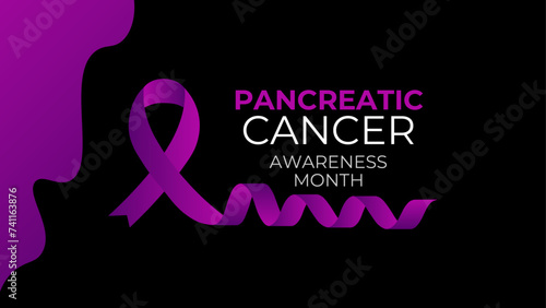 Pancreatic cancer awareness poster. Purple ribbon on black background. Pancreatitis disease. Medical concept. Holiday concept. cover, flyer, card, banner, poster. Vector illustration