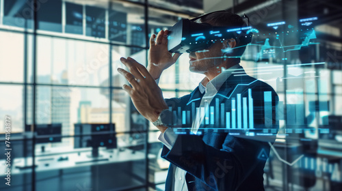 A business man wearing a VR goggle glasses with a blue hologram data graph. photo