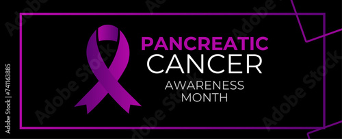 Pancreatic cancer awareness poster. Purple ribbon on dark background. Pancreatitis disease. Medical concept. Holiday concept. cover, flyer, card, banner, poster. Vector illustration