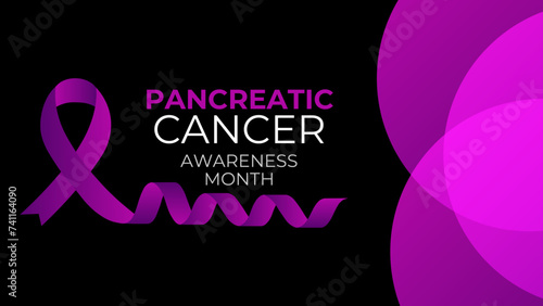 Pancreatic cancer awareness poster. Purple ribbon on black background. Pancreatitis disease. Medical concept. Holiday concept. cover, flyer, card, banner, poster. Vector illustration
