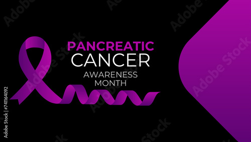 Pancreatic cancer awareness poster. Purple ribbon on black background. Pancreatitis disease. Medical concept. Holiday concept. cover, flyer, card, banner, poster. Vector illustration