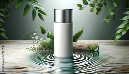 White Beauty Products Packaging Mockup, cosmetic makeup bottle on water ripple, natural background photo