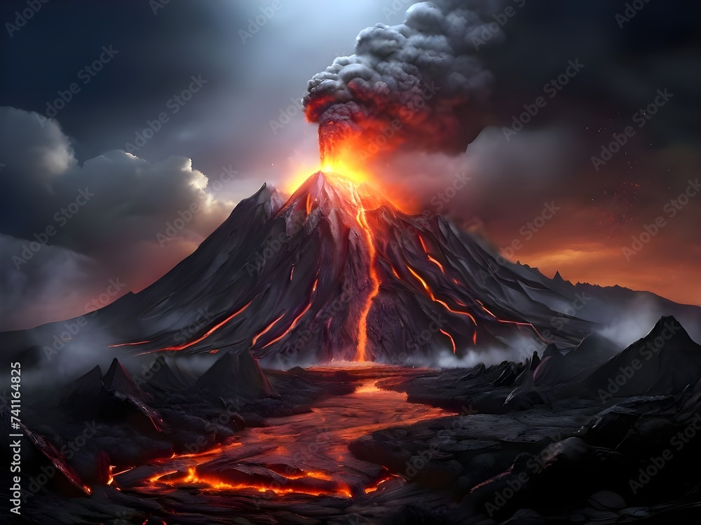 A volcano and a lava. Volcano eruption concept background. Generative ai