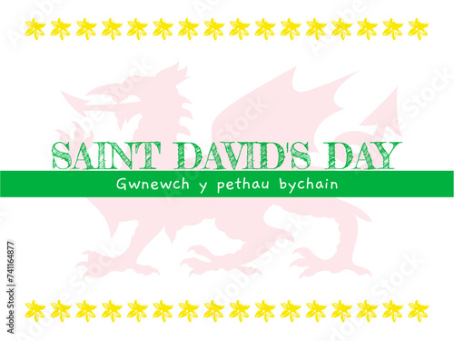 Saint David's Day poster with dragon and daffodil flowers ornament, suitable for poster, banner, background, backdrop, card, etc.