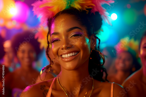 Young beautiful woman portrait in costume at street Carnival. Brazilian culture