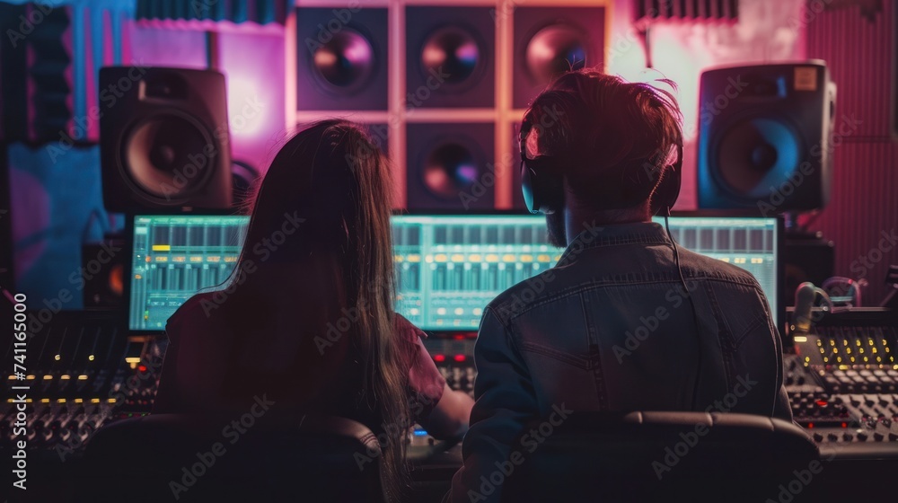 Back view of male audio engineer and female vocalist enjoying recorded song in control room and mixing board.