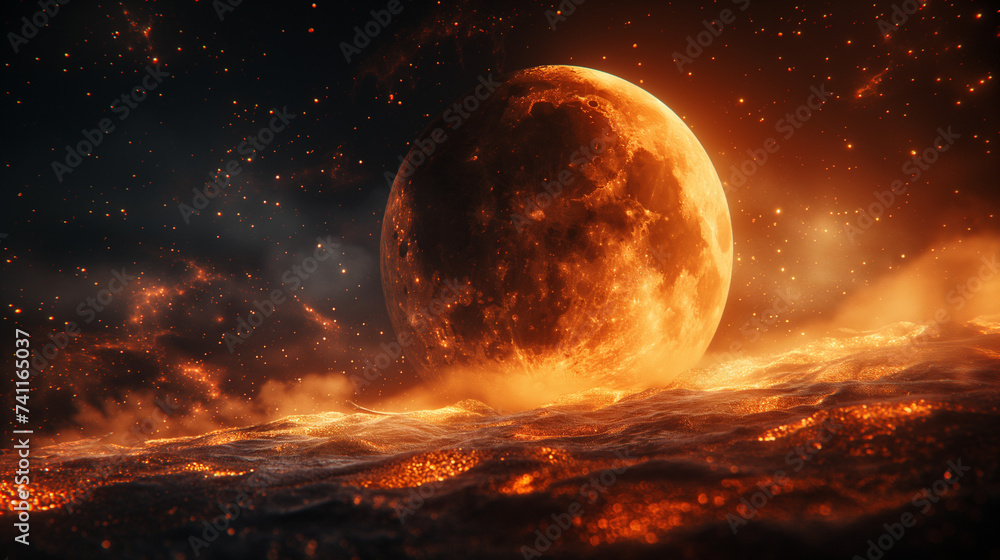 Eid Mubarak symbol, golden neon month and stars, black background, copy space