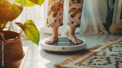 Close up of barefoot female standing on digital weight and body fat scales on living floor in morning.