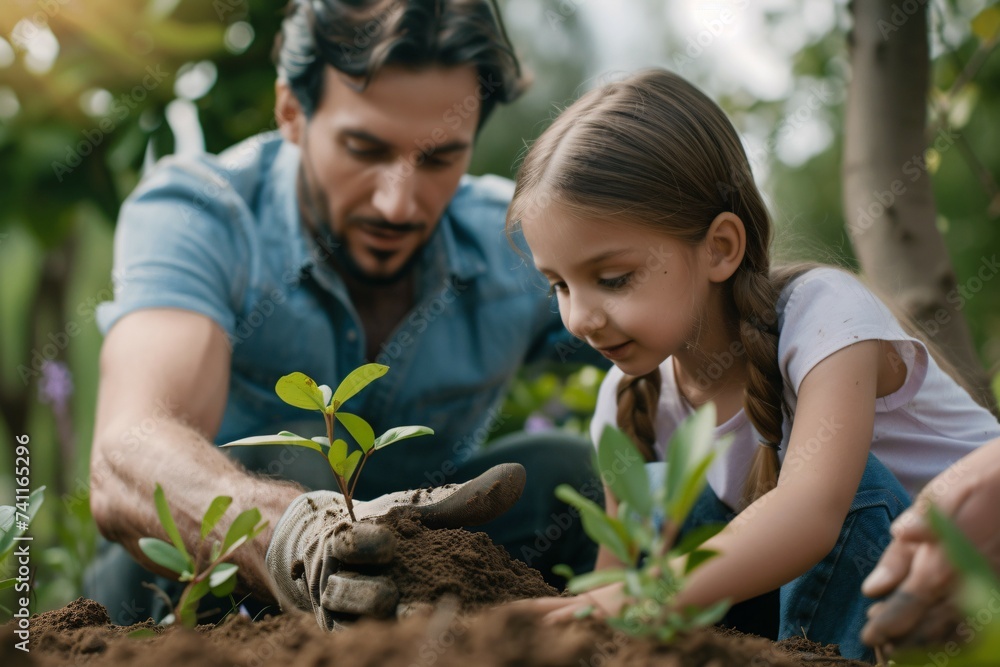 A smiling family, including a mother, father, child, and baby, joyfully planting a tree and flowers in their garden on a sunny day, surrounded by nature and love, embodying happiness and teamwork