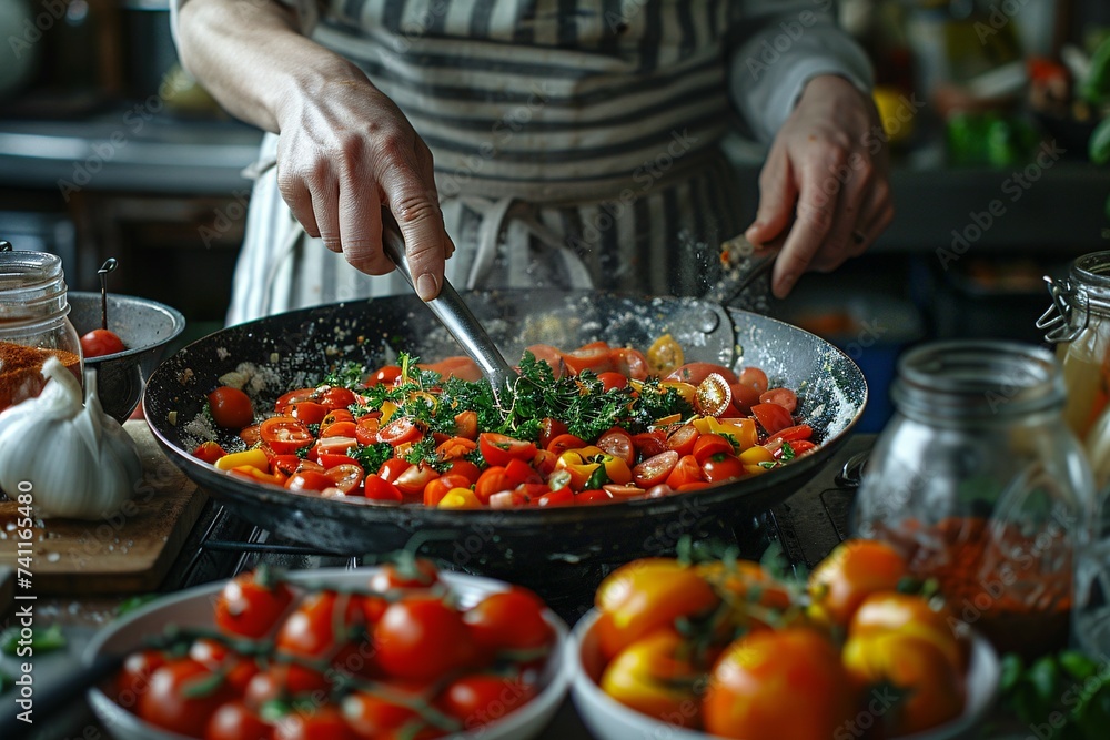A chef is preparing a meal in a restaurant kitchen, surrounded by an array of fresh fruits, vegetables, and groceries, highlighting a vibrant scene of healthy, organic produce and cooking essentials f A chef is preparing a meal in a restaurant kitchen, surrounded by an array of fresh fruits, vegetables, and groceries, highlighting a vibrant scene of healthy, organic produce and cooking essentials f