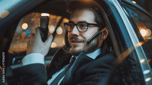 A businessman take a phone call from smartphone in the private car. © Alice a.