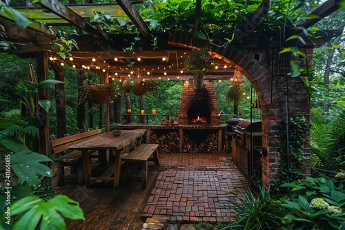 Rustic outdoor kitchen and dining area under twinkling fairy lights Featuring a brick pizza oven and a wooden dining set amidst lush greenery