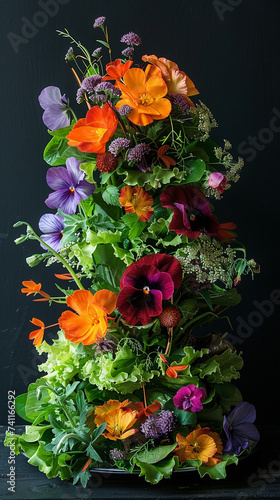 An elegant floral arrangement that seamlessly blends into a salad with edible flowers and greens