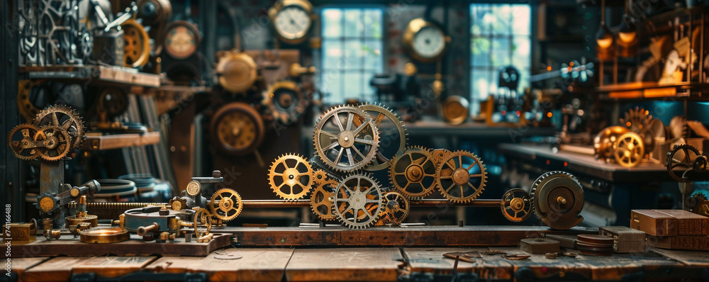 Dreaming in a steampunk inventors workshop with gears and clocks ticking softly - obrazy, fototapety, plakaty 