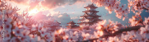 Cherry blossoms in full bloom framing the historic Himeji Castle Japan