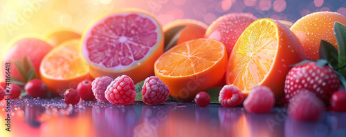 Citrus and berries on a neon glow background dynamic copyspace for impactful visuals