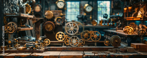 Dreaming in a steampunk inventors workshop with gears and clocks ticking softly photo